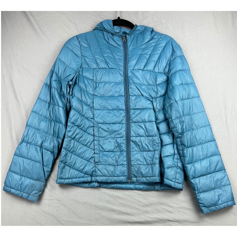 Merona Puffer Jacket Women Medium Blue Down Feather Insulated Hooded Good